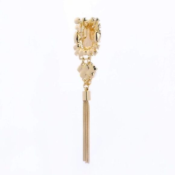 Blue Rhinestone Crystal Pearl Tassel Fringe Gold Clip On Statement Earrings - Picture 9 of 13